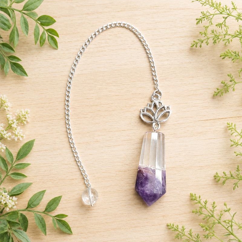 Amethyst and quartz lotus pendulum on light wood with greenery.