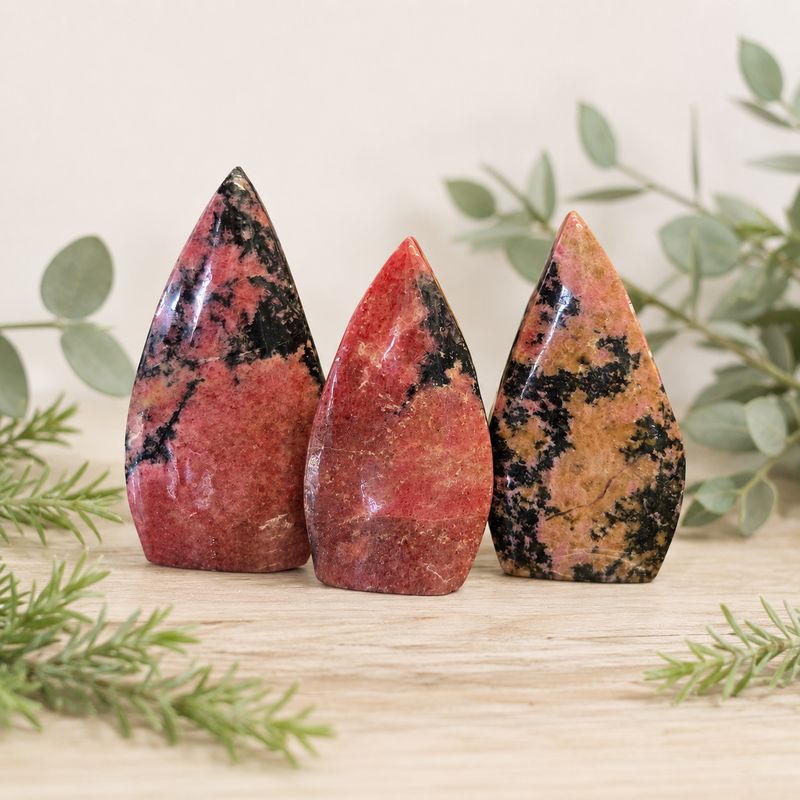 Rhodonite arrow shapes at Arkady’s Metaphysical Gifts displayed on a light wooden table with greenery