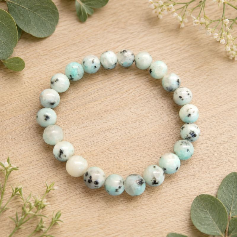 Kiwi Jasper 8mm stretch bracelet with pale mint, cream and black-speckled polished beads.