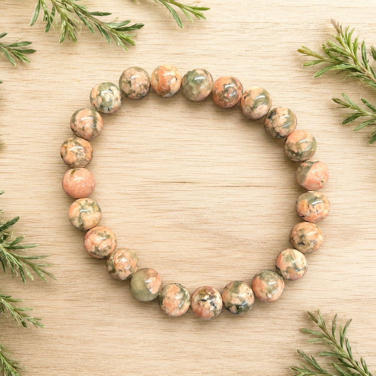 Green Rutile Flower Agate 8mm bracelet with peach, cream and mossy green gemstone beads.