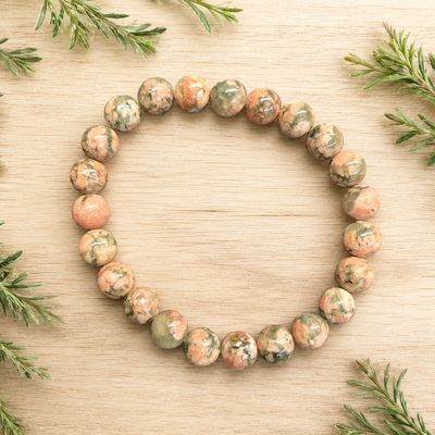 Green Rutile Flower Agate 8mm bracelet with peach, cream and mossy green gemstone beads.