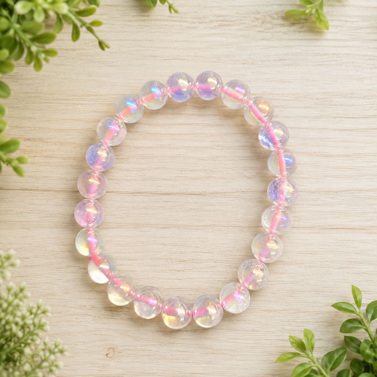 Angel Aura Rose Quartz 8mm bracelet with pale pink iridescent gemstone beads