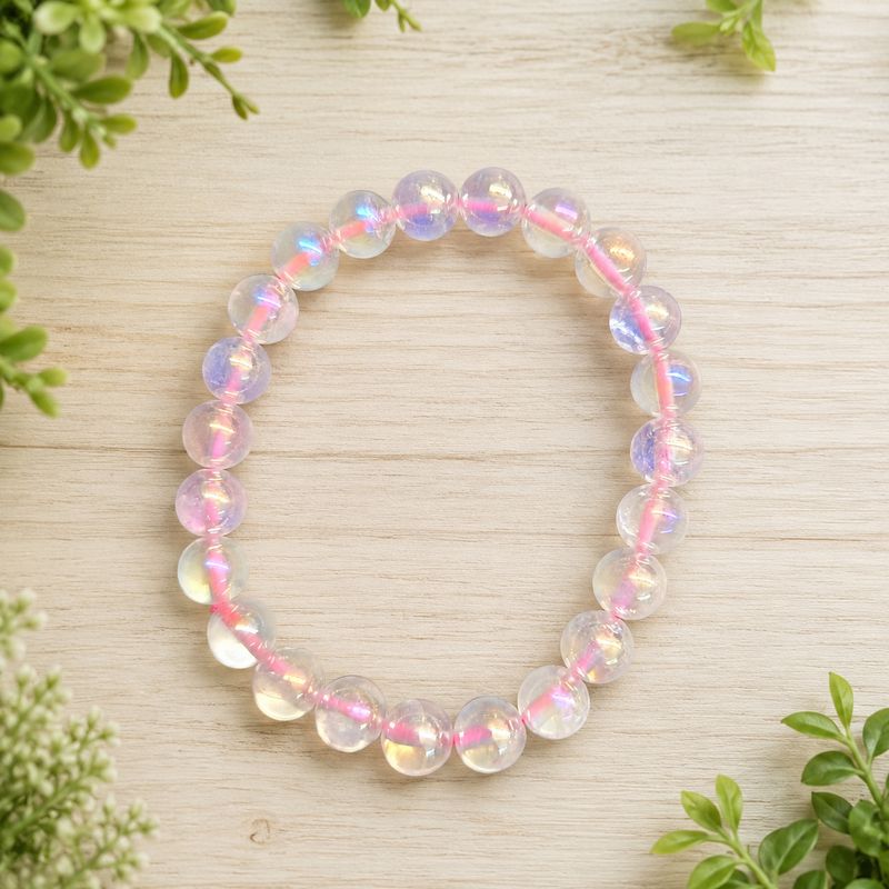 Angel Aura Rose Quartz 8mm bracelet with pale pink iridescent gemstone beads