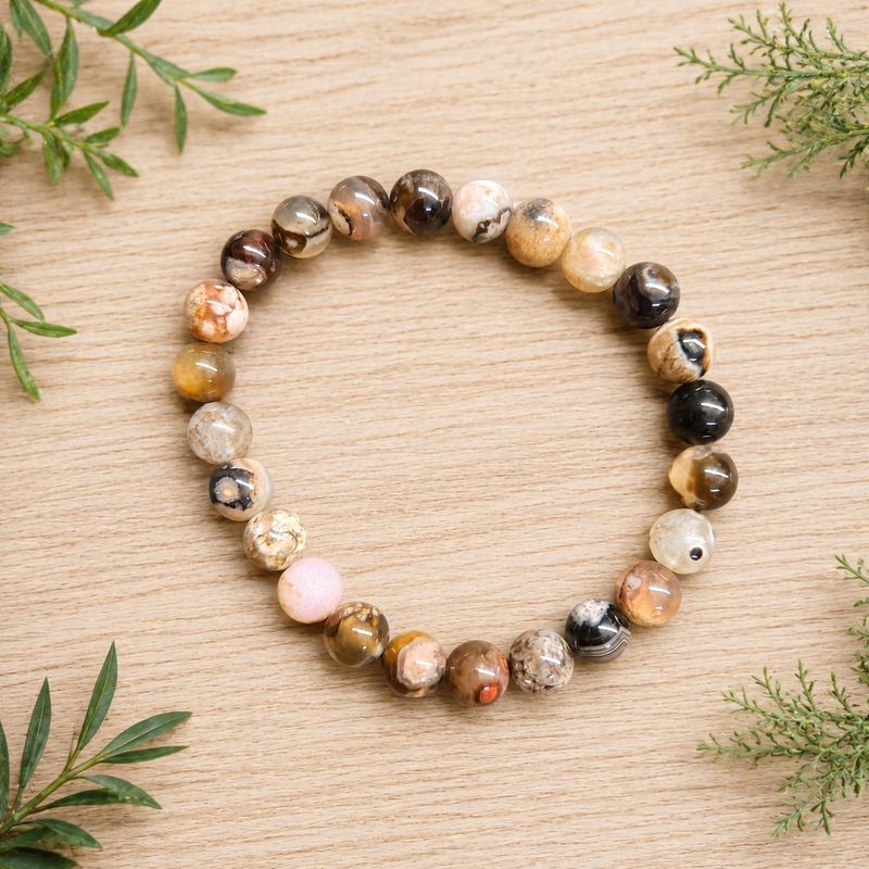 Black Flower Agate 8mm beaded bracelet with earthy black, brown, cream, and peach gemstone beads