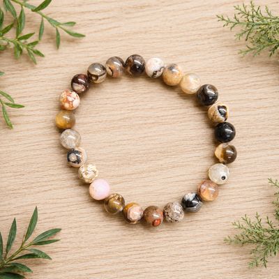 Black Flower Agate 8mm beaded bracelet with earthy black, brown, cream, and peach gemstone beads