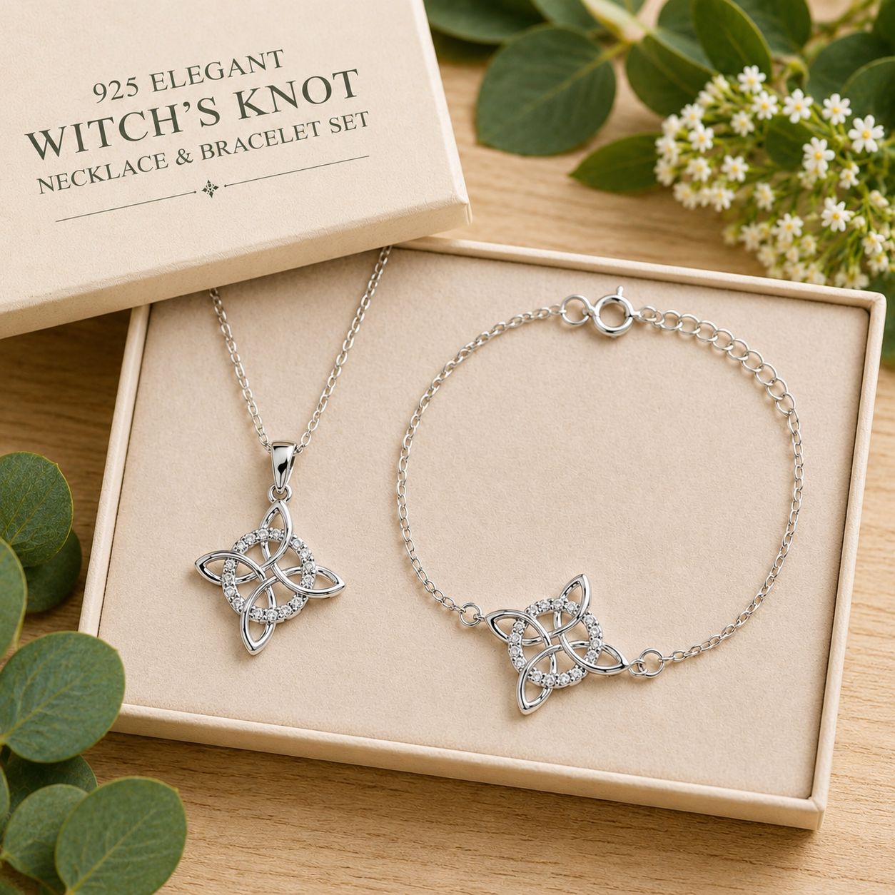 925 sterling silver Witch’s Knot necklace and bracelet gift set displayed on a light wooden table