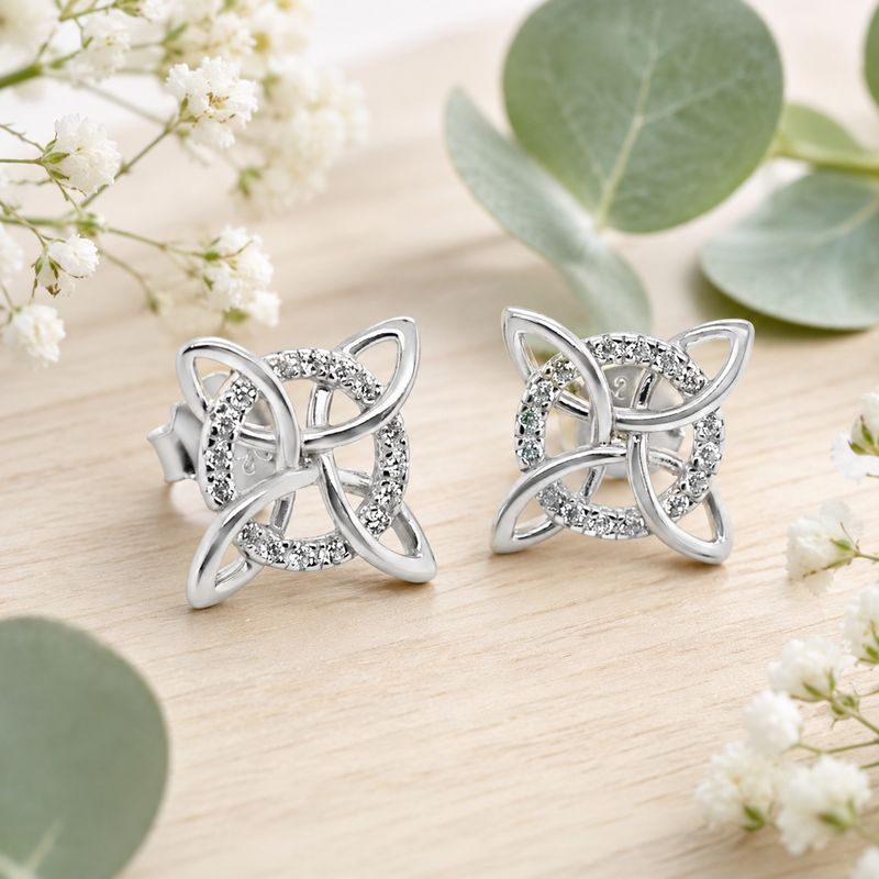 925 sterling silver Witch’s Knot stud earrings with sparkling clear cz accents.