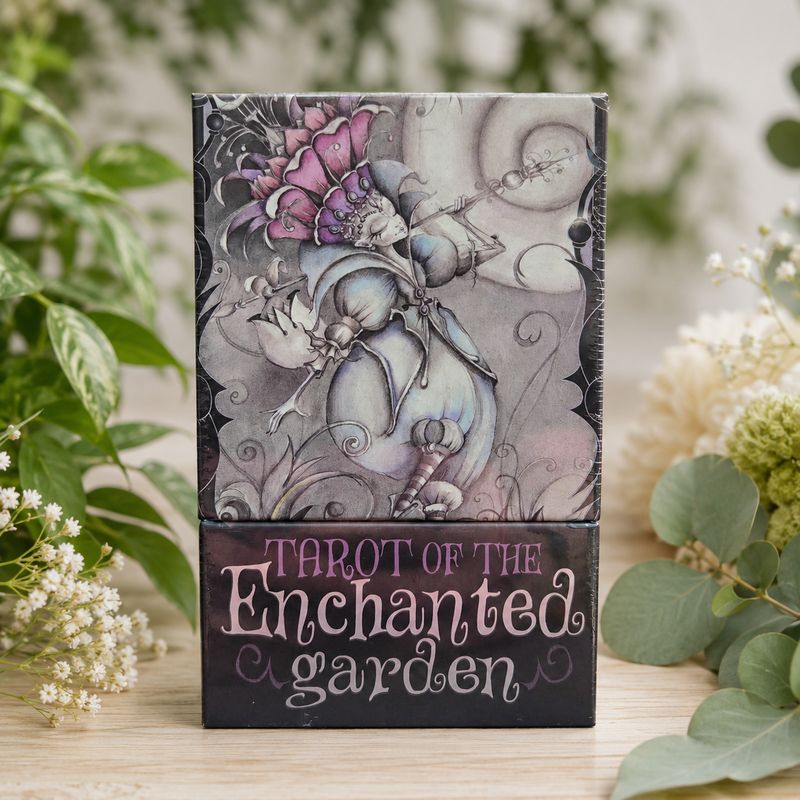 Front of Tarot of the Enchanted Garden deck displayed on a light wooden table with greenery