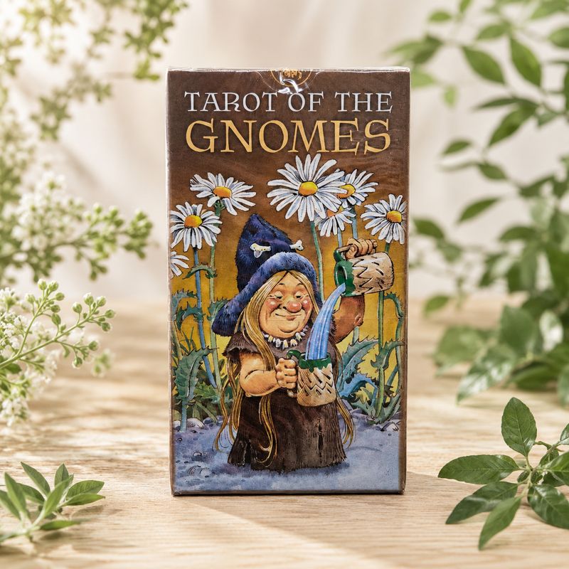 Front of Tarot of the Gnomes 78-card deck featuring a gnome pouring a drink among tall daisies
