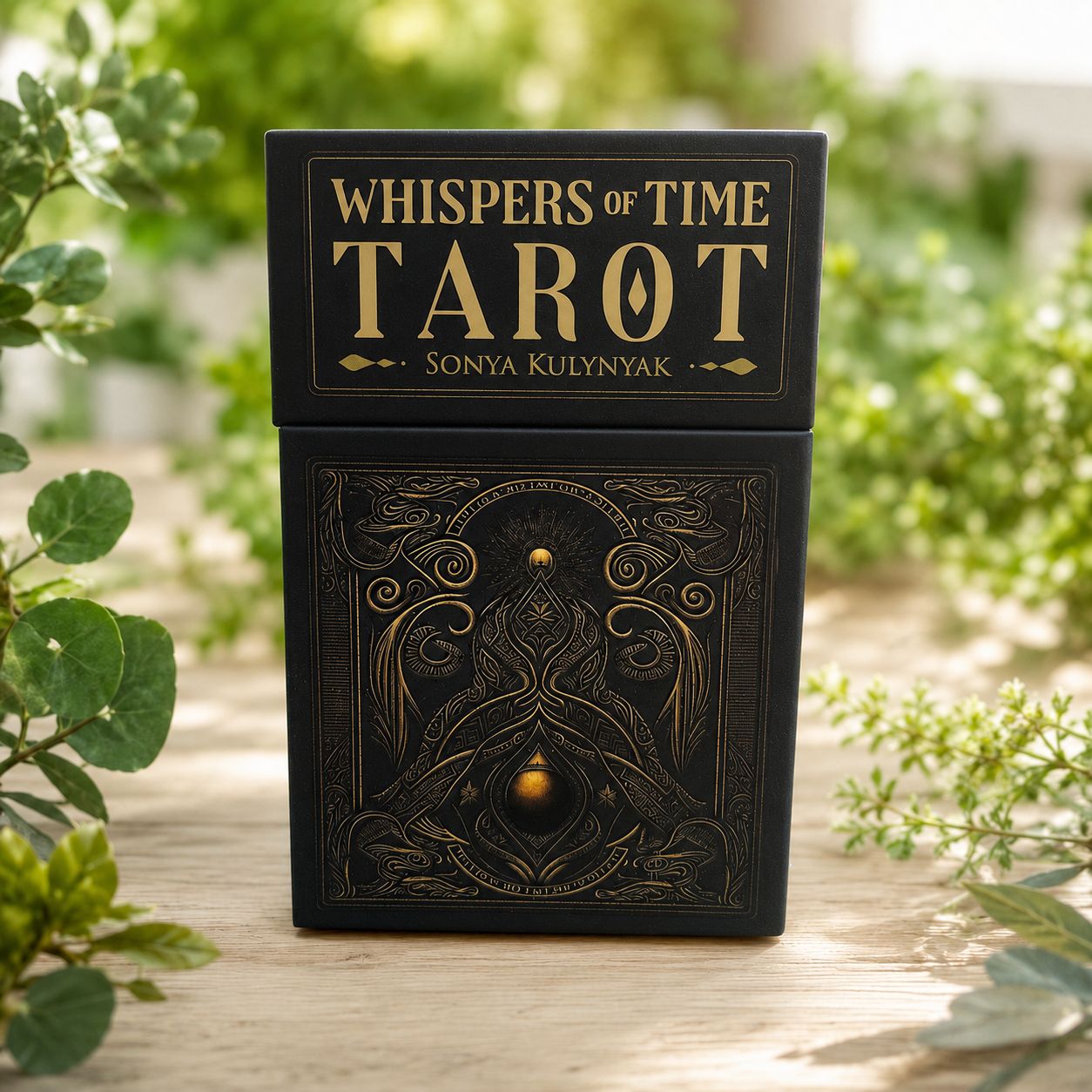 Whispers of Time Tarot by Sonya Kulynyak displayed on a light wooden table with greenery