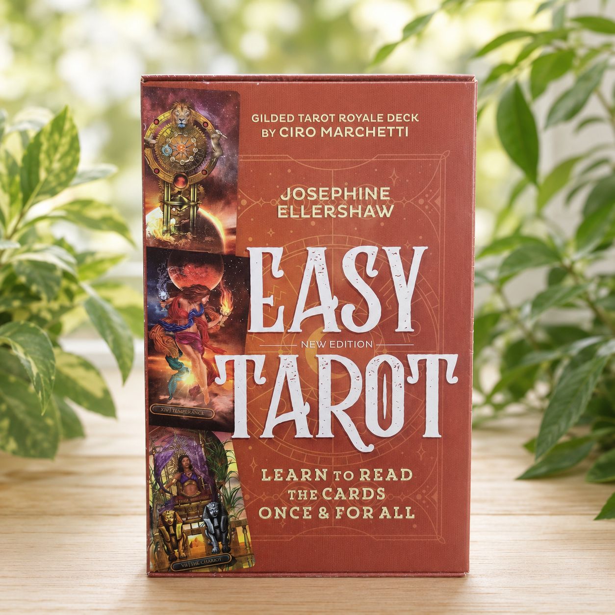 Front of Easy Tarot New Edition beginner kit with Gilded Tarot Royale artwork displayed on a light wooden table