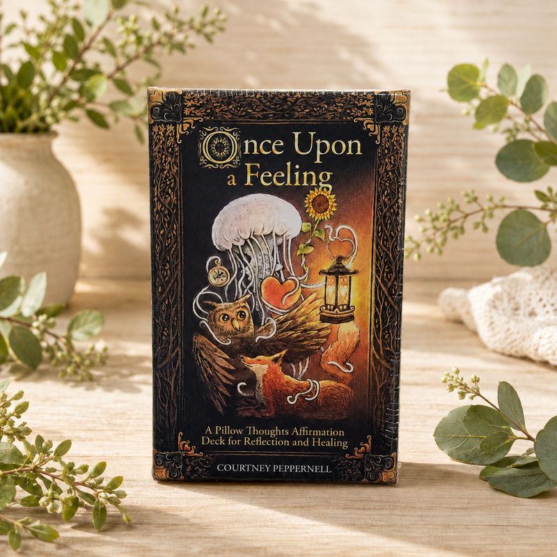 Once Upon a Feeling affirmation card deck by Courtney Peppernell displayed on a light wooden table with greenery