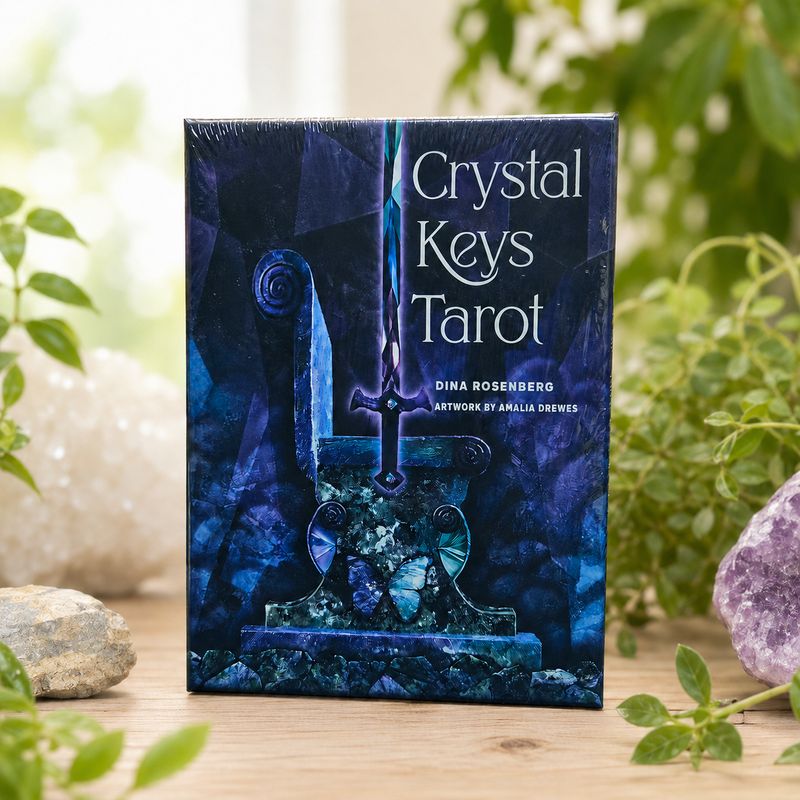 Crystal Keys Tarot deck by Dina Rosenberg displayed on a light wooden table with greenery and crystals.