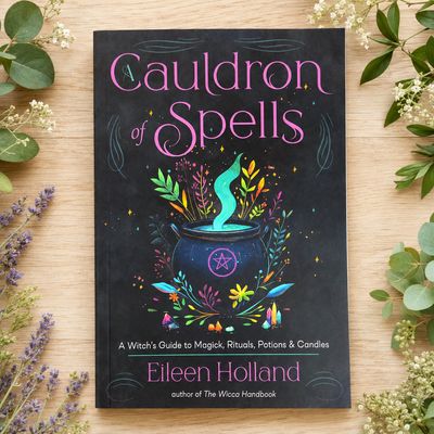 Cauldron of Spells by Eileen Holland displayed on a light wooden table surrounded by greenery.