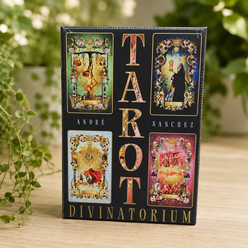 Front of Tarot Divinatorium by André Sanchez displayed on a light wooden table with greenery.