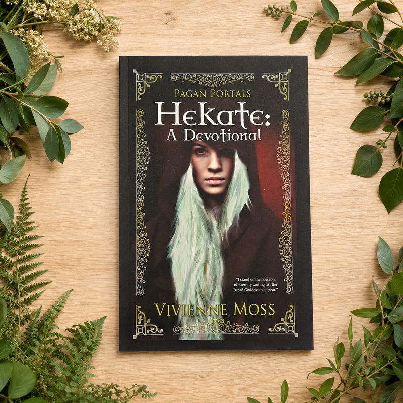 Pagan Portals Hekate A Devotional by Vivienne Moss on a light wooden table with greenery.