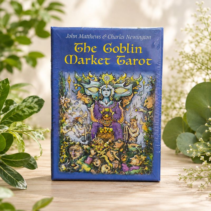 The Goblin Market Tarot deck with colorful faery and goblin artwork displayed on a light wooden table.