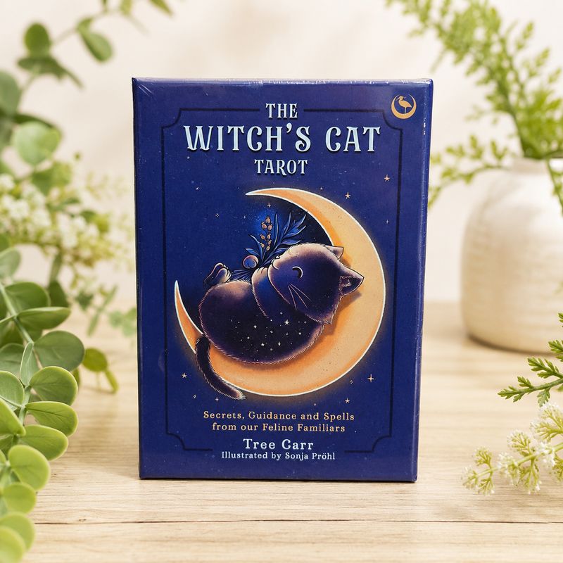The Witch’s Cat Tarot deck featuring a magical black cat resting on a crescent moon.