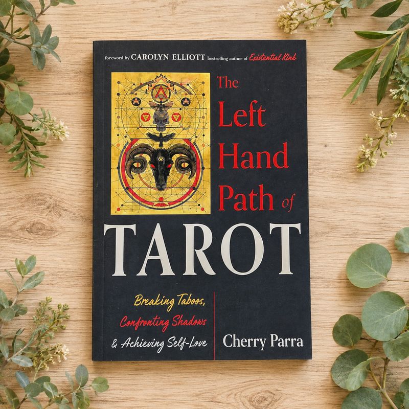 The Left-Hand Path of Tarot by Cherry Parra displayed on a light wooden table with greenery.