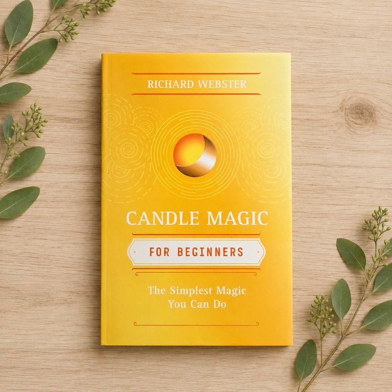 Candle Magic for Beginners by Richard Webster on a light wooden table with greenery.