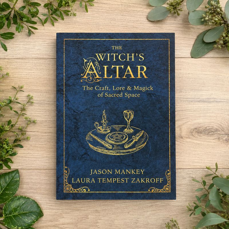 The Witch’s Altar book by Jason Mankey and Laura Tempest Zakroff on a light wooden table with greenery.