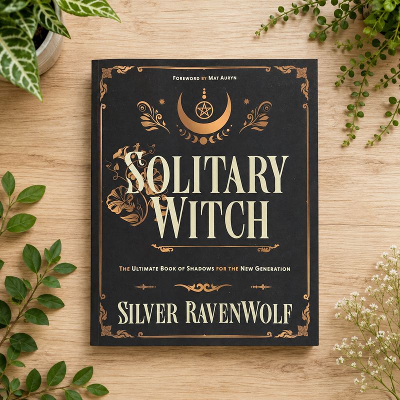 Solitary Witch by Silver RavenWolf displayed on a light wooden table with greenery.