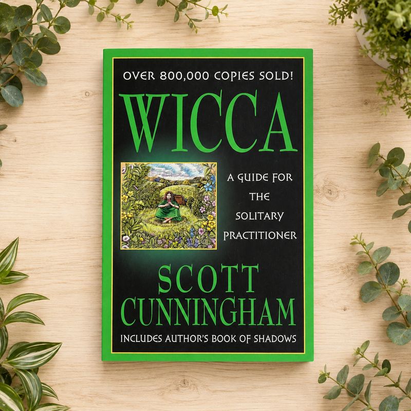 Wicca by Scott Cunningham displayed on a light wooden table with greenery.