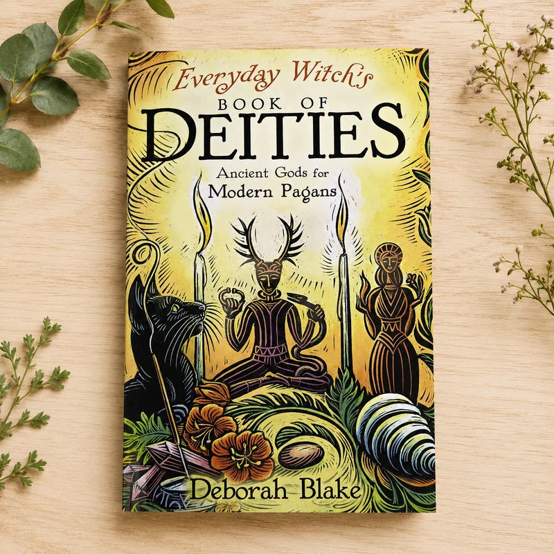Everyday Witch’s Book of Deities by Deborah Blake on a light wooden table with greenery.