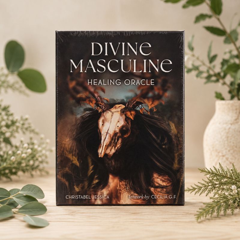 Divine Masculine Healing Oracle deck by Christabel Jessica with dark mystical skull artwork