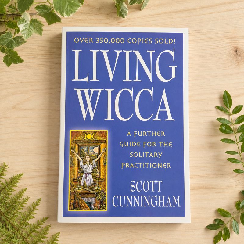 Living Wicca by Scott Cunningham displayed on a light wooden table with greenery.