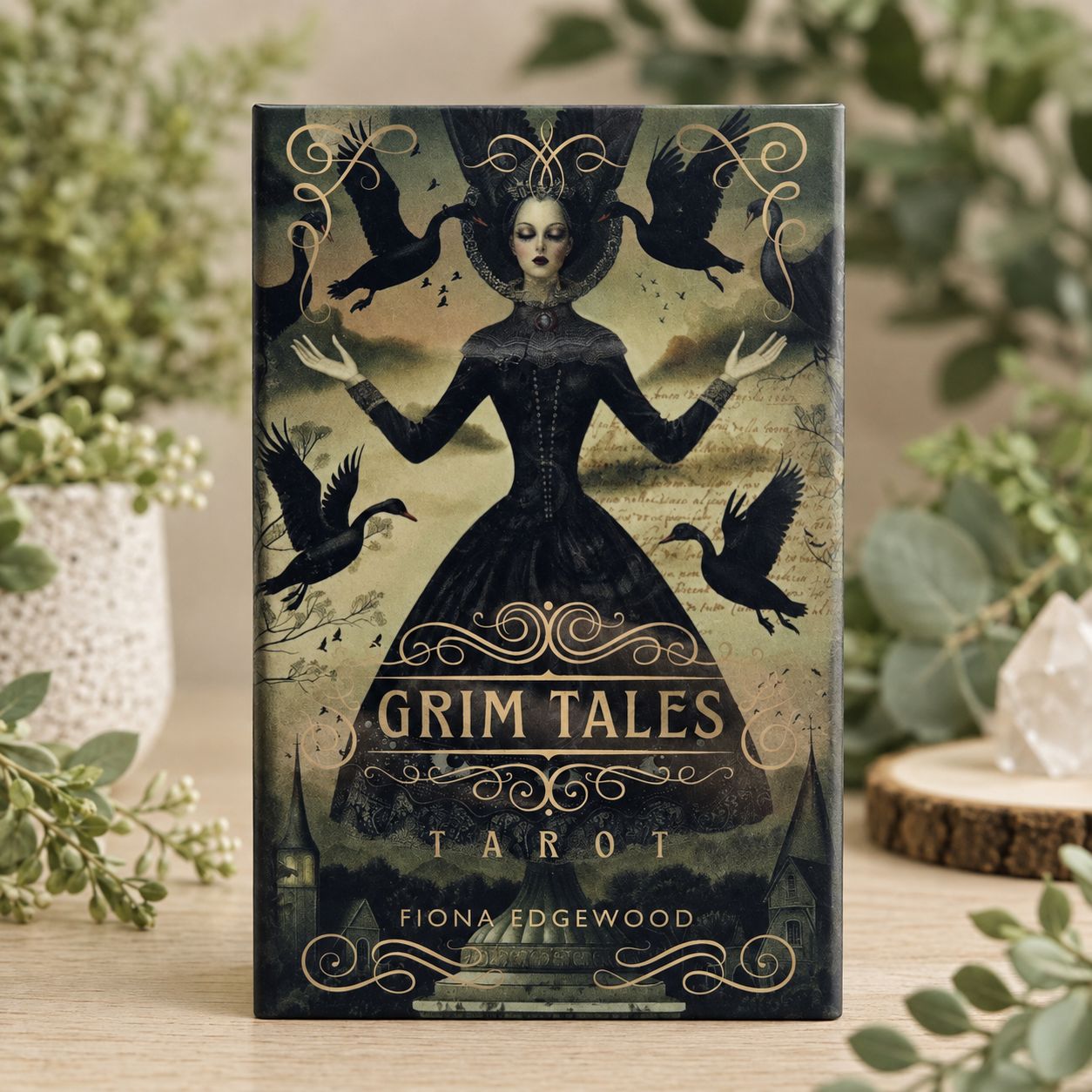 Grim Tales Tarot by Fiona Edgewood with gothic woman and raven artwork