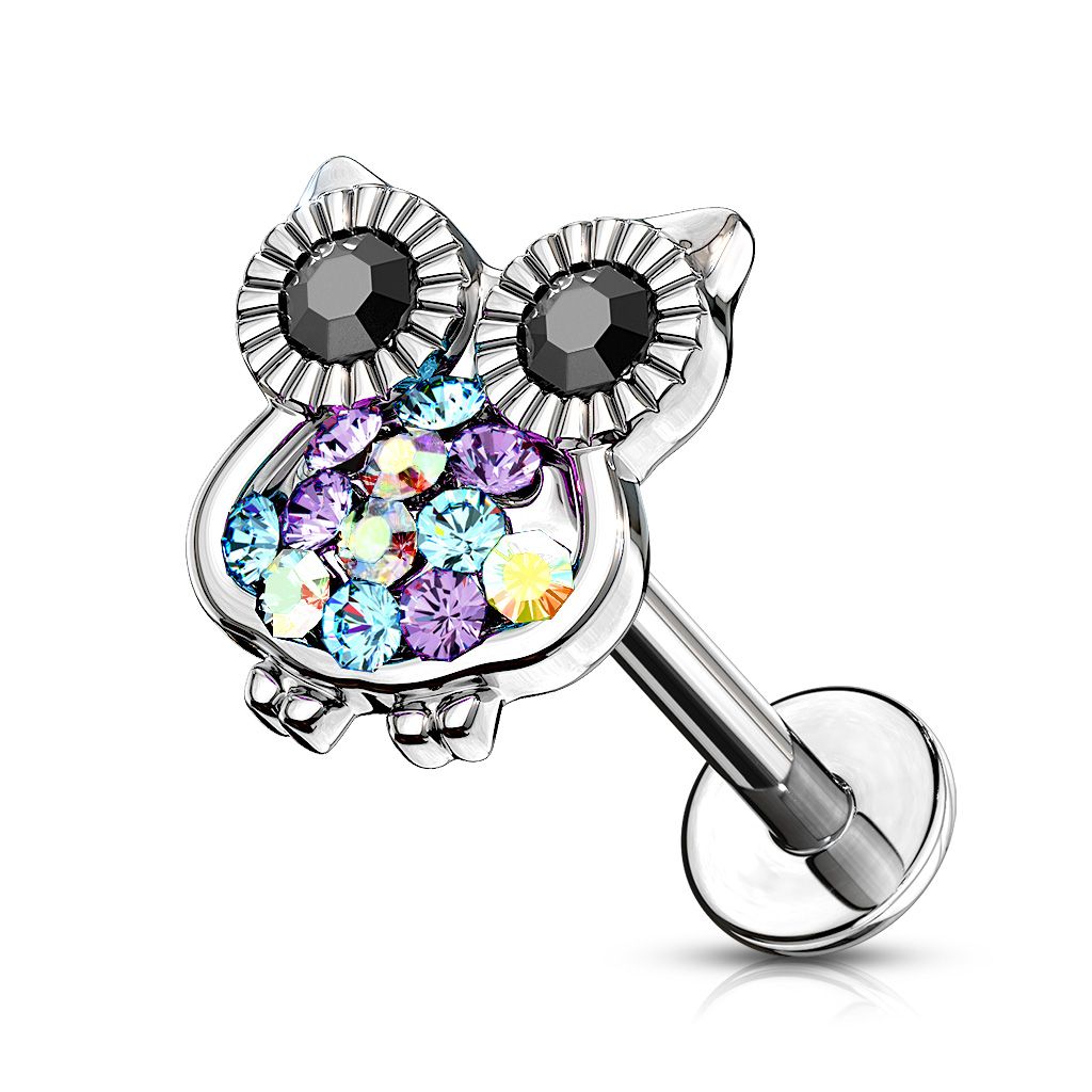 Gemmed owl 16G labret stud with black eyes and multicolor crystal accents.