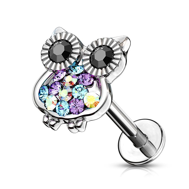 Gemmed owl 16G labret stud with black eyes and multicolor crystal accents.