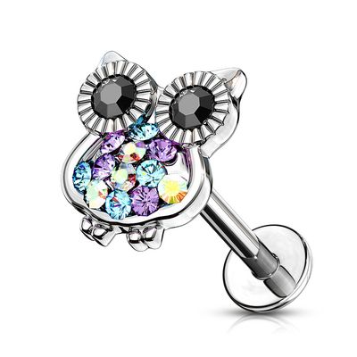 Gemmed owl 16G labret stud with black eyes and multicolor crystal accents.