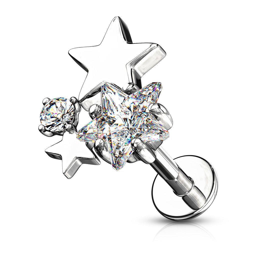 Steel 16G CZ Moon Stars labret stud with crescent moon and star details.
