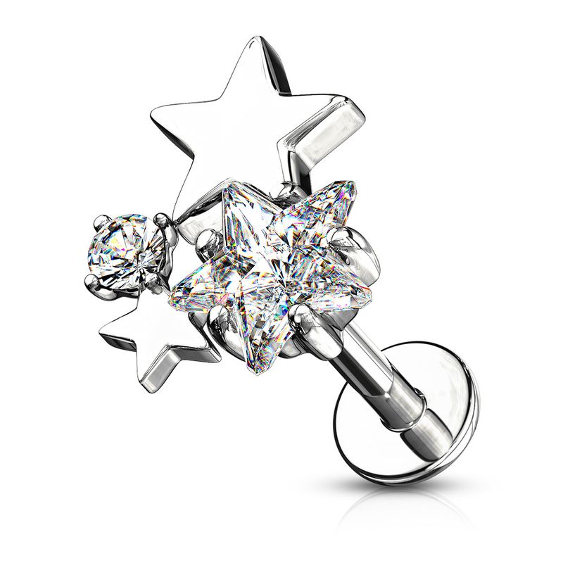 Steel 16G CZ Moon Stars labret stud with crescent moon and star details.
