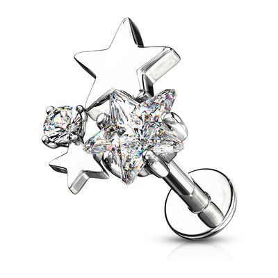 Steel 16G CZ Moon Stars labret stud with crescent moon and star details.