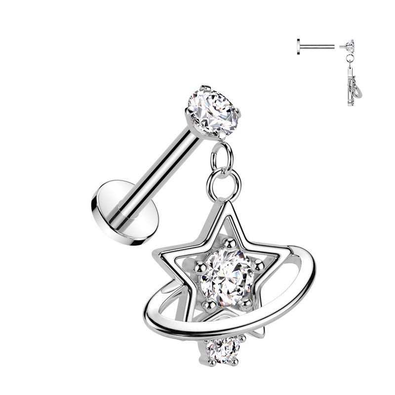 16G star planet dangle labret with clear CZ accents and stainless steel flat-back post.