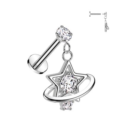 16G star planet dangle labret with clear CZ accents and stainless steel flat-back post.