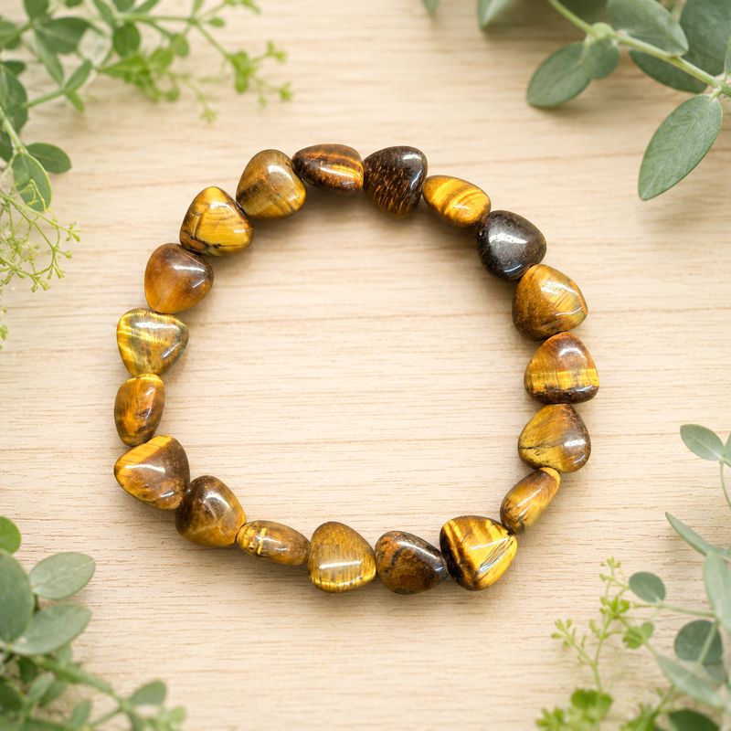 Tiger eye heart bracelet displayed on a light wooden table with greenery.