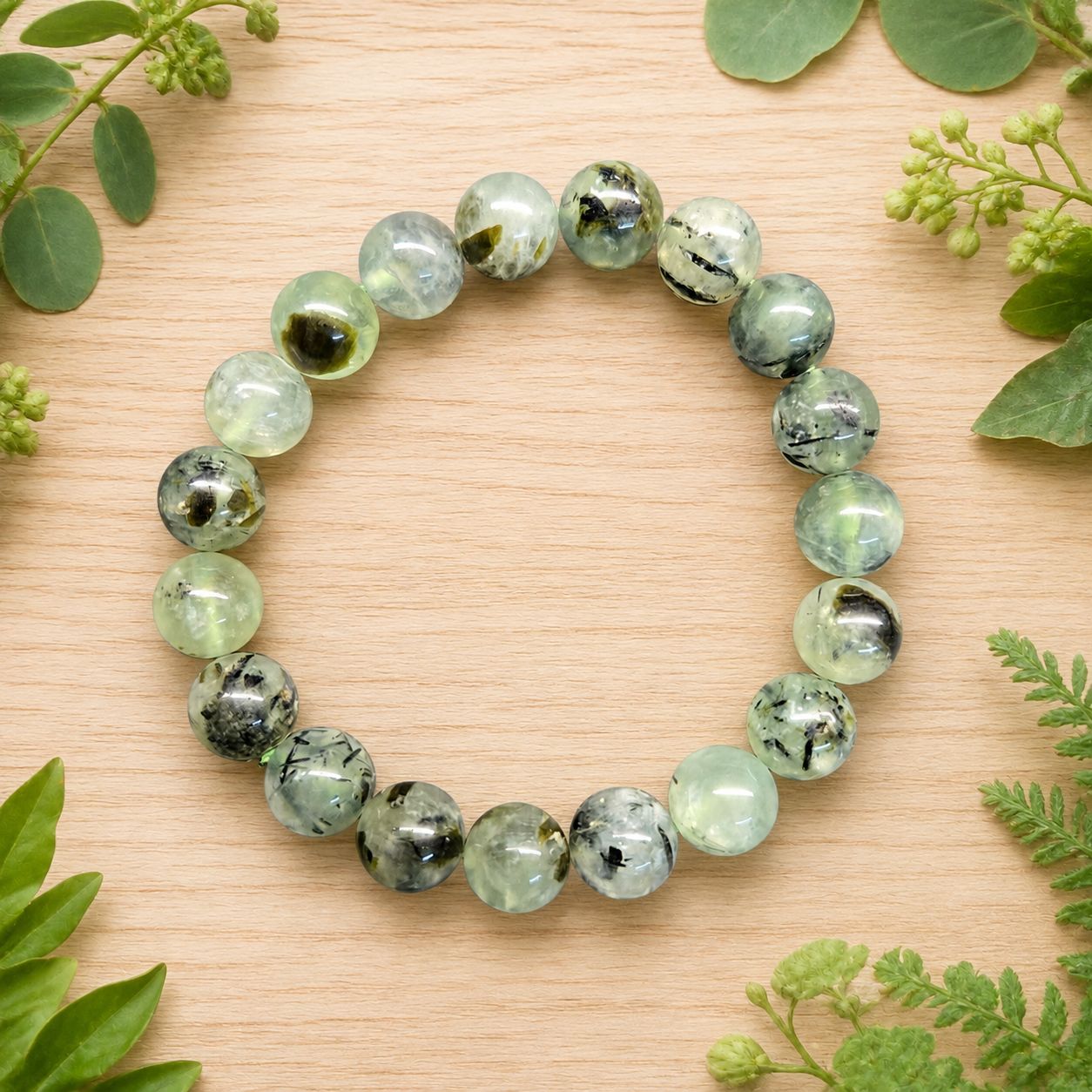 Prehnite with Epidote 10mm gemstone bracelet on a light wooden table with greenery.