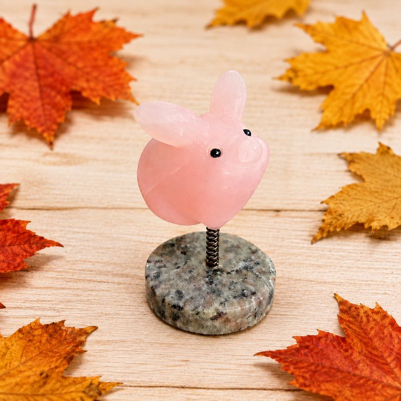 Rose Quartz pig on Yooperlite base displayed on a light wooden table with autumn leaves