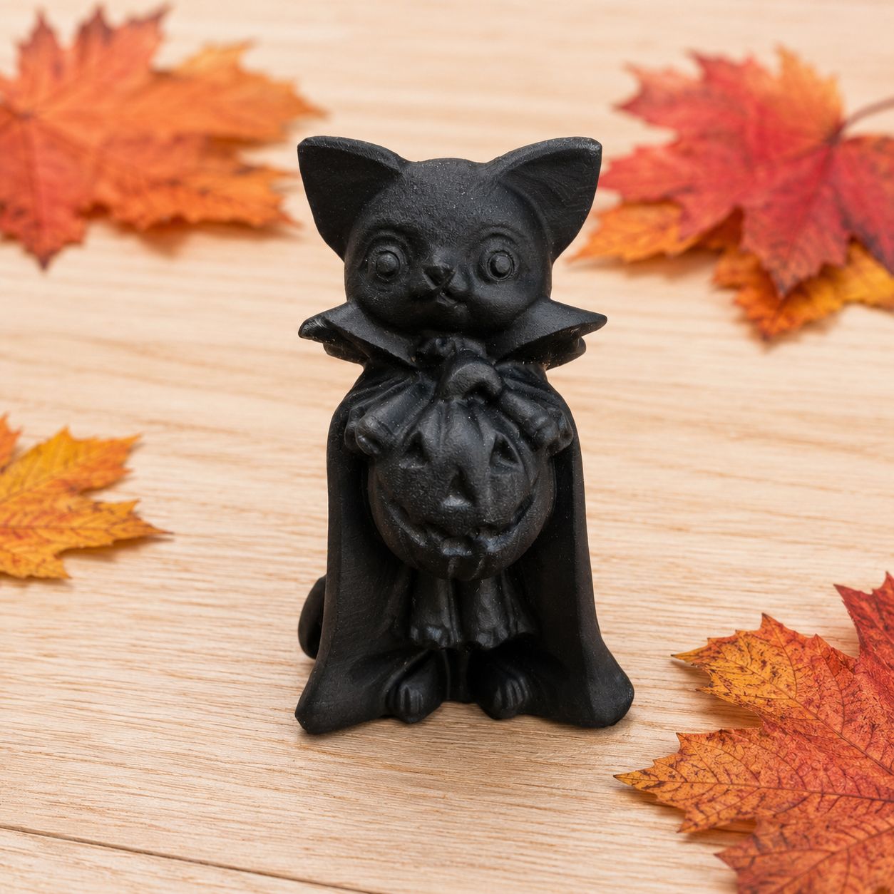 Obsidian cat pumpkin carving displayed on a light wooden table with autumn leaves