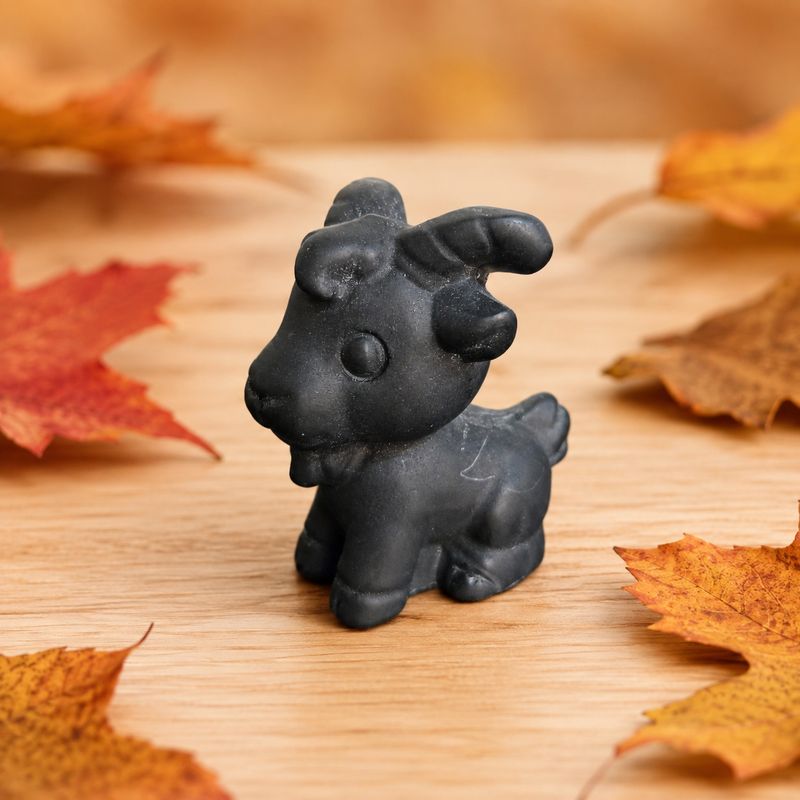 Black Obsidian goat carving displayed on a light wooden table with autumn leaves