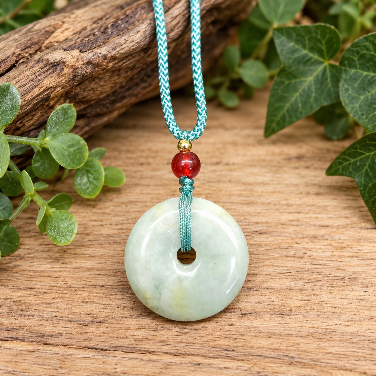 Jade coin pendant necklace with green adjustable woven cord and red accent bead displayed on a natural wood background.