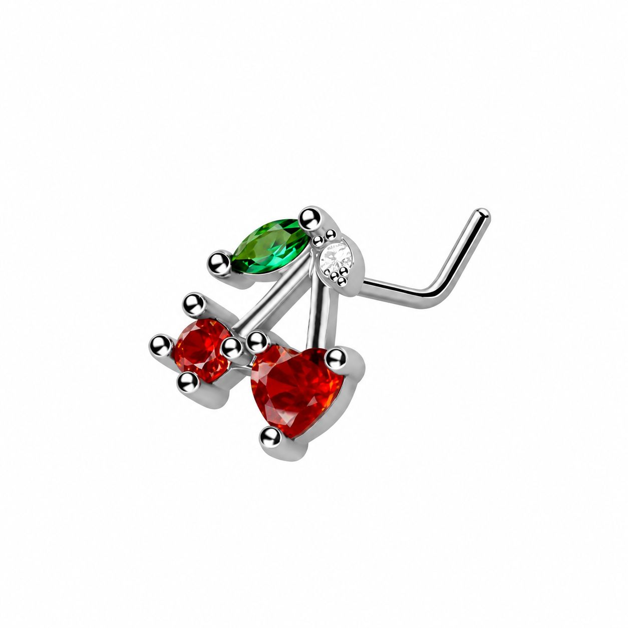 Gem Cherries 20G L-bend nose stud in 316L stainless steel with red cherry gems and green leaf.