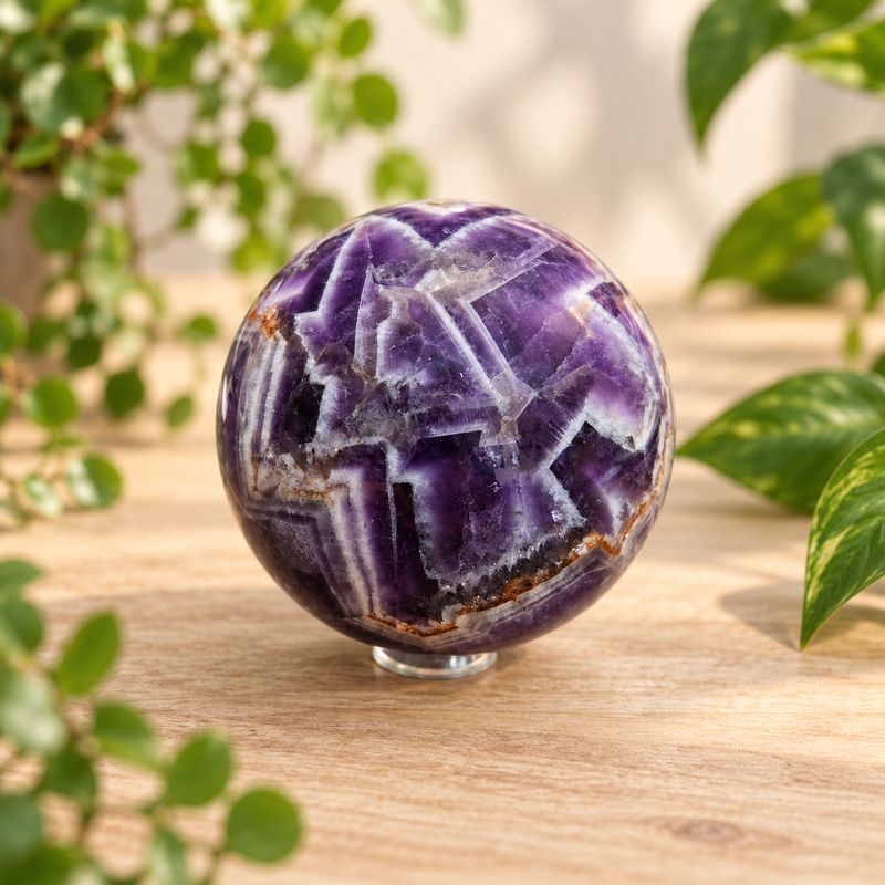 Dream Amethyst sphere with deep purple and white banding on a light wooden table with greenery.