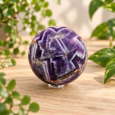 Dream Amethyst sphere with deep purple and white banding on a light wooden table with greenery.