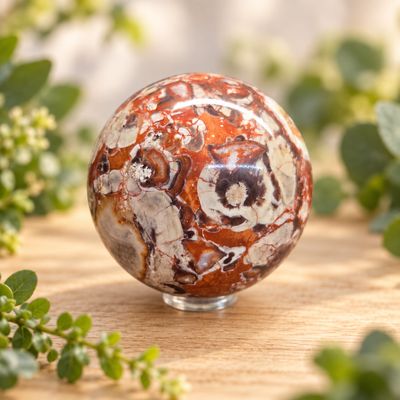 Money Agate sphere with orange, cream, and brown natural patterning on a light wooden table with greenery.