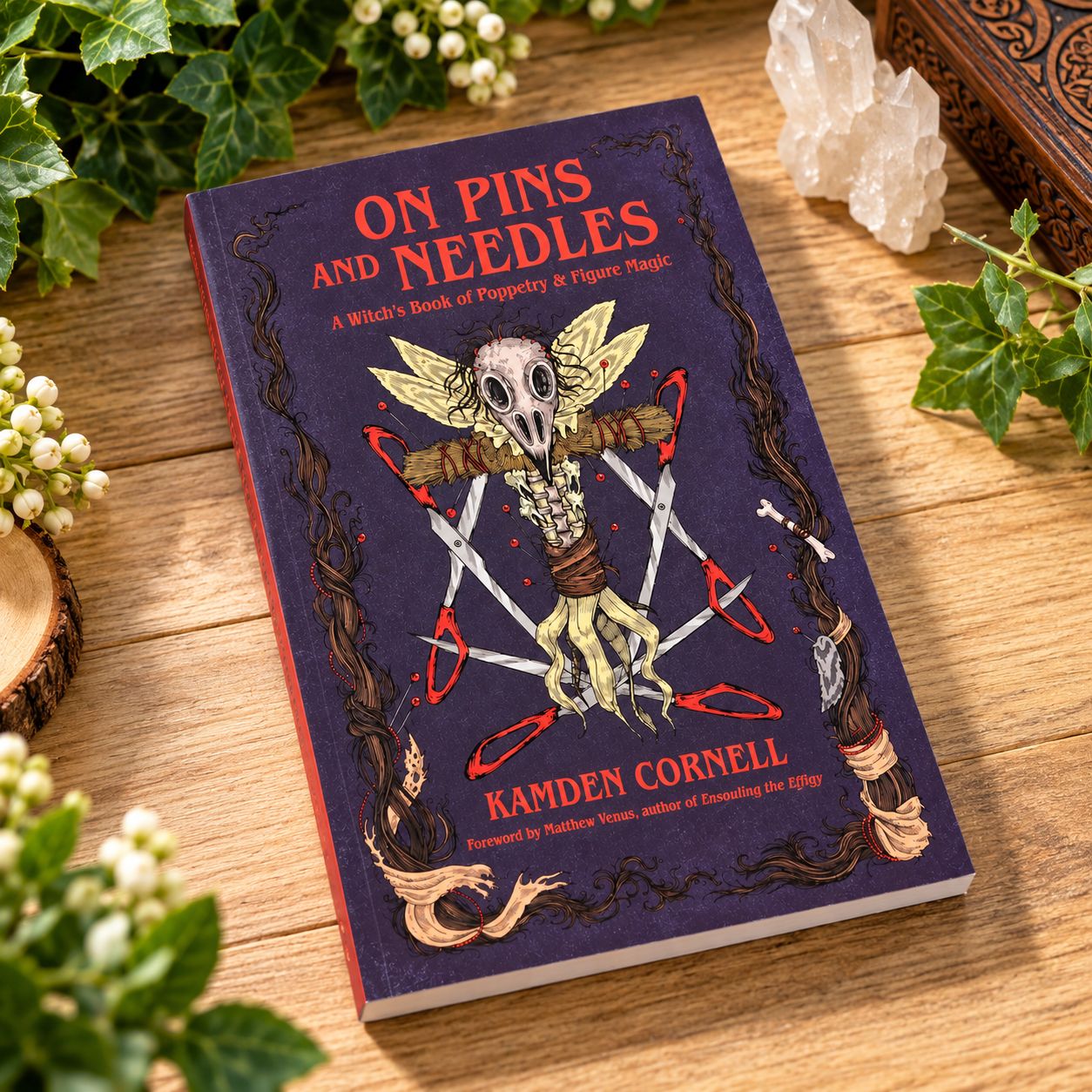 On Pins and Needles by Kamden Cornell showing illustrated poppet artwork on a light wooden table with greenery.